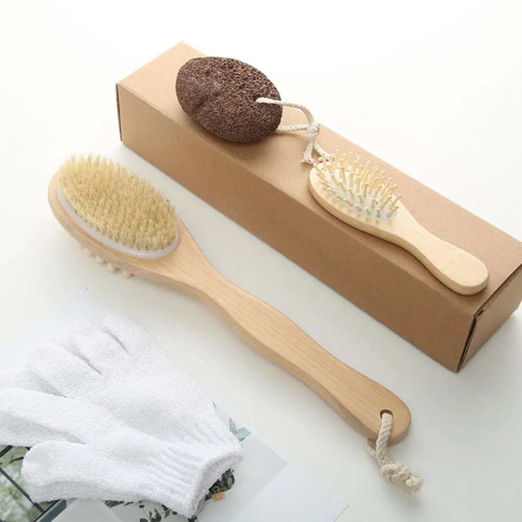 

4 Pieces Set Showering Wood Brush with Handle Shoulder Back Arm Scrubber Cleaning Brushes Exfoliating Massage Bathroom