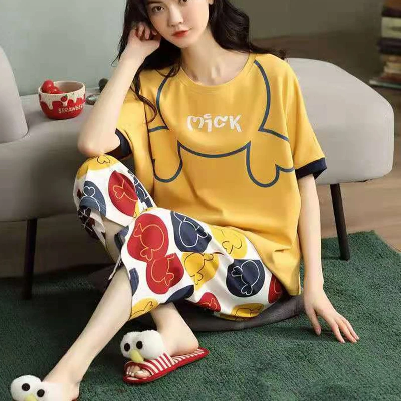 

Spring and Summer Ladies Pajamas Set, Pure Cotton Short Sleeve Trousers, Fashion Homewear, Soft and Comfortable Two-Piece Set
