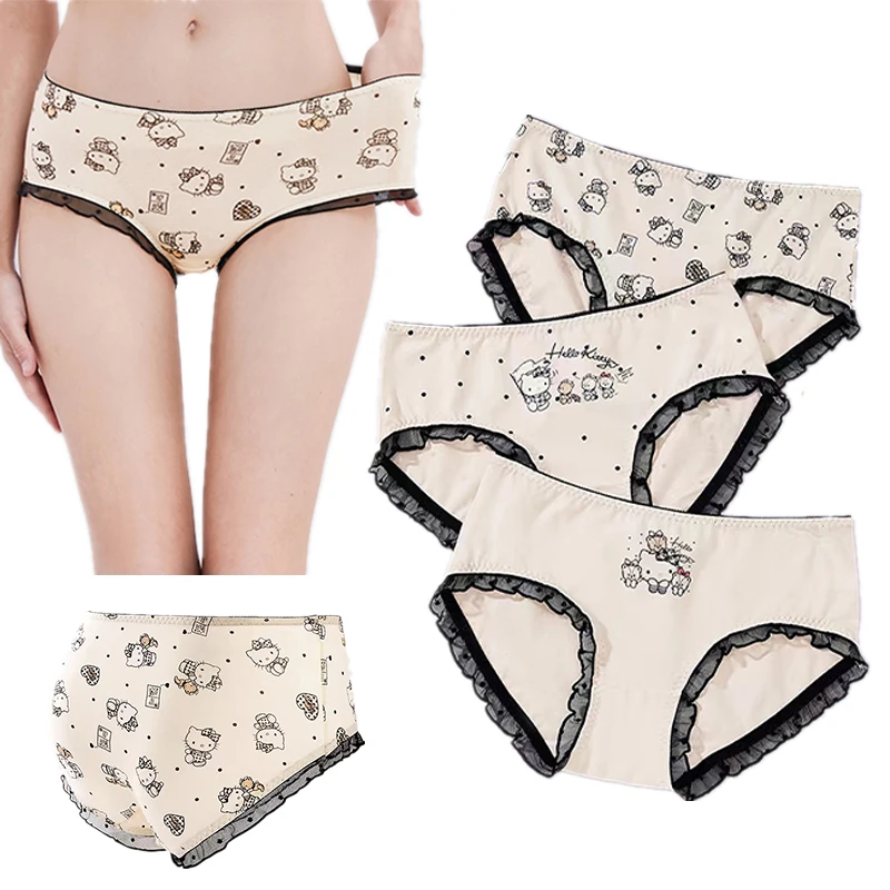 

3 шт. аниме Hellokts Kawaii хлопковые трусики Мультяшные дышащие кружевные женские трусы со средней талией Kt Cat милое мягкое нижнее белье
