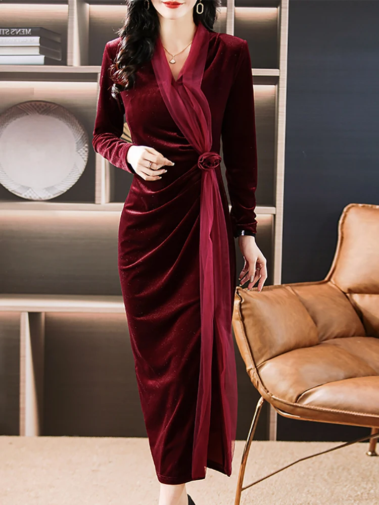 

Women Luxury Red Velvet Party Maxi Dress Autumn Winter Thick Warm Elegant Bodycon Prom 2023 Korean Vintage Hepburn Evening Dress