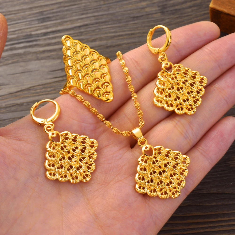 

Fashion 24K Gold Plated Ethiopian Cute Earrings/Pendant/Ring Jewelry Sets Africa Bride Wedding Eritrea Classic Gifts