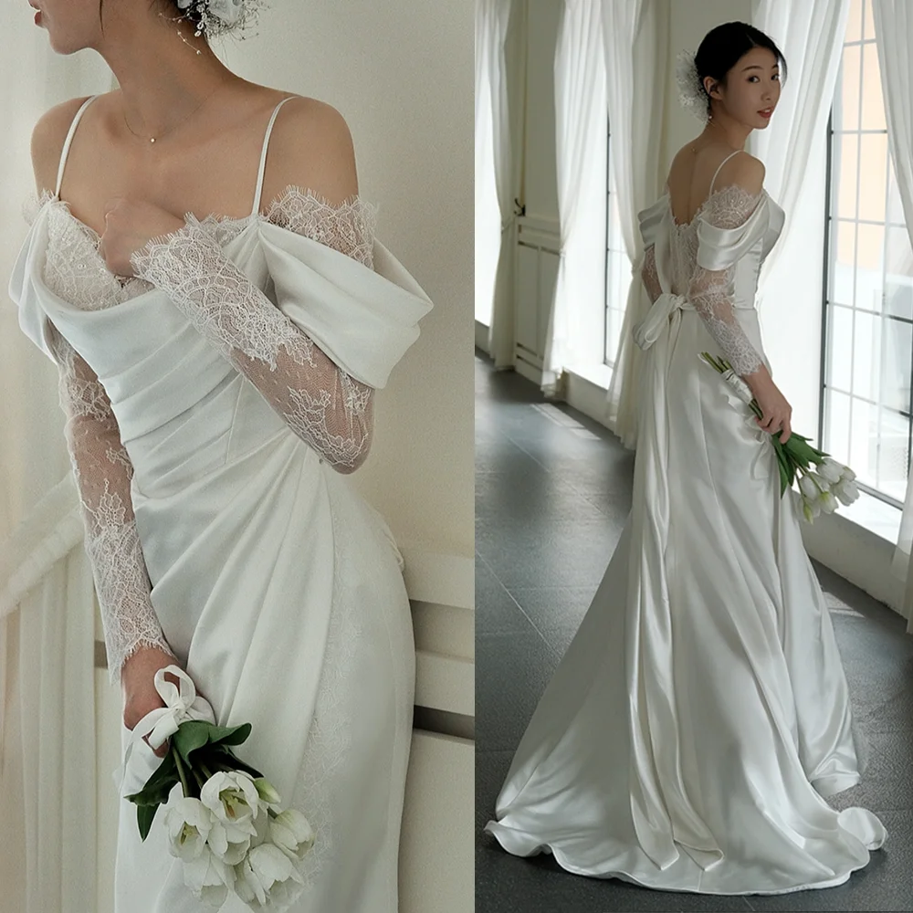 

Drape Cowl Neck Satin Spaghetti Straps Wedding Dress Custom Made Sheath Long Lace Sleeves Sash Vintage Side Split Bridal Gown
