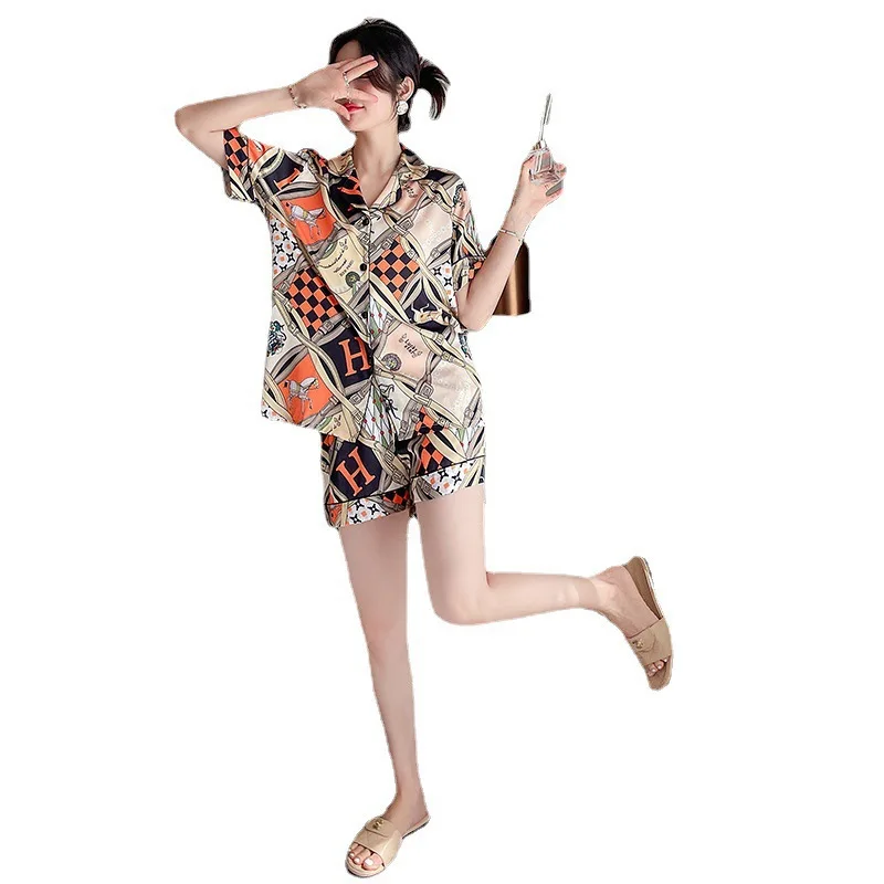 Summer New Thin Pajamas Women's Suit Korean Fashion Ice Silk Cardigan Home Wear Short Sleeve Shorts Suit