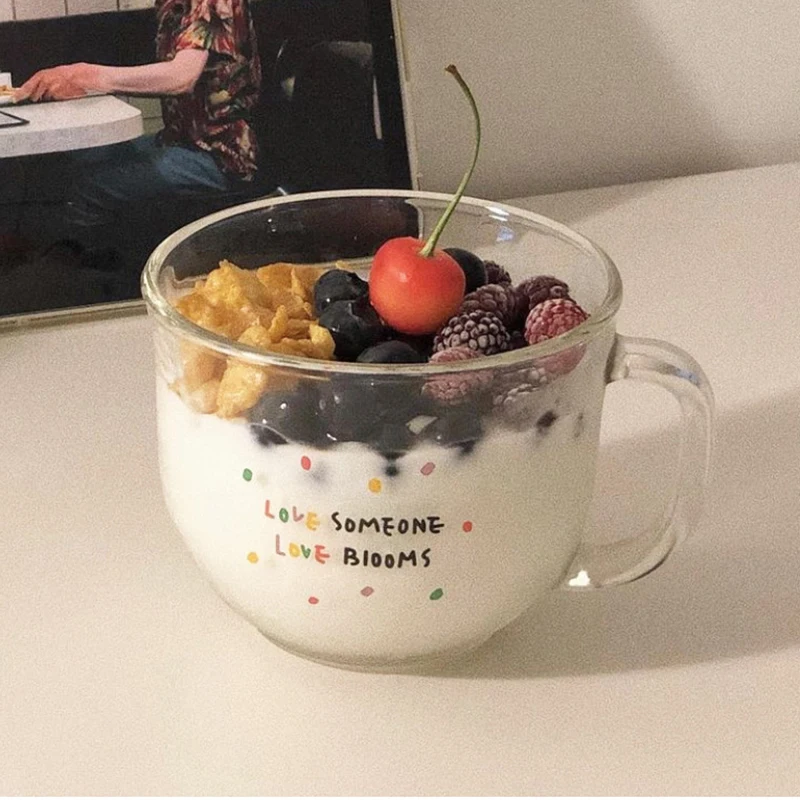 

2Pcs Letter Printed Glass Cup Wiht Handle Love Someone Love Blmoos Capacity Breakfast Mugs Bowl Oatmeal Cereal Cups Gift Cup