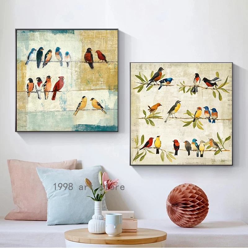 

Colorful Birds Standing on The Branches ，musical Note Background Poster Canvas Painting Wall Art Print Picture Modern Home Decor