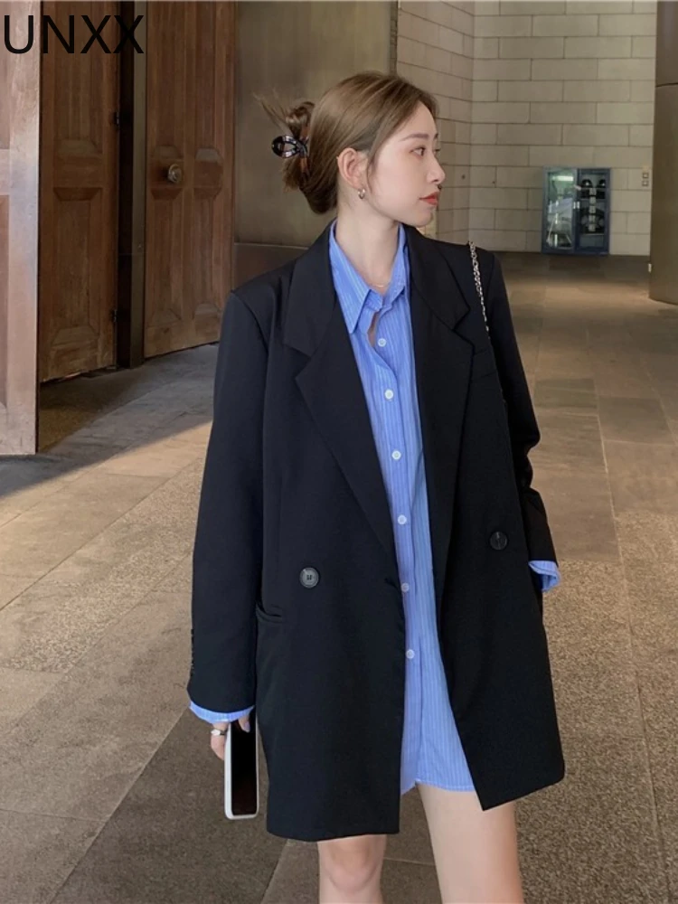 

UNXX Blazer Women Spring Autumn 2022 New Black Loose Woman Thin Korean Style White Suit Jacket Oversized Clothing for Women Y2k