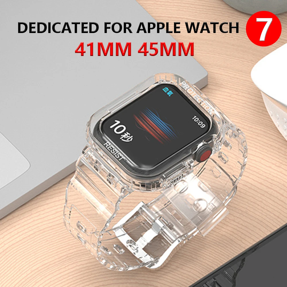 Transparent Glacier Strap+Case for Apple Watch 7 Band Series 41MM 45MM Silicone Bracelets for IWatch 7 Clear Sports Watchband