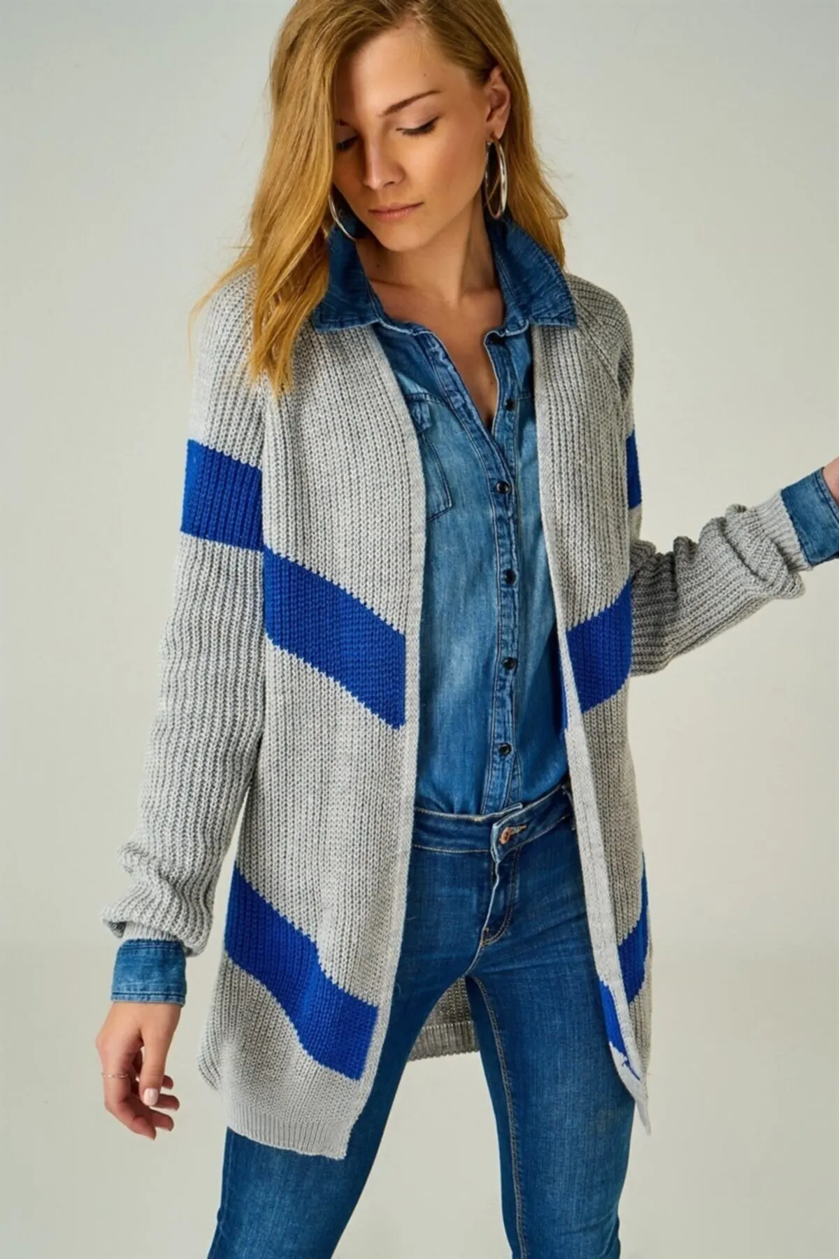 

Women's Cardigan Striped Knitted Gray & Sax Casual Knitted Quality Fashion Cardigan Sweaters Loose Sweater Sweater Jumper