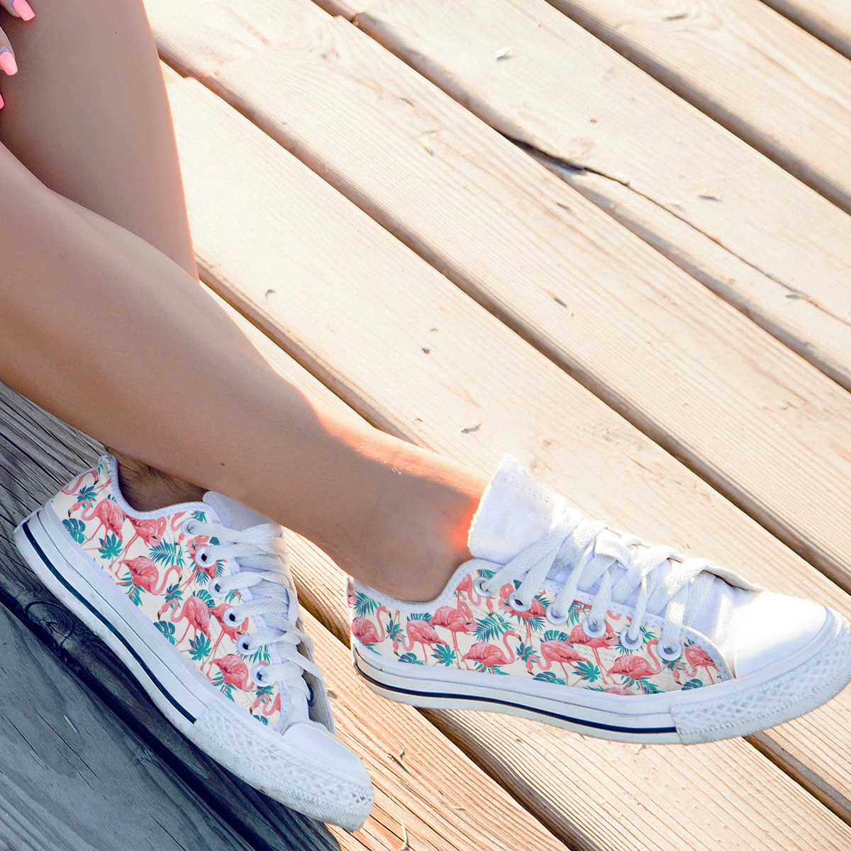 BKQU Women's Pink Flamingo Print Sports Shoes Canvas Shoes 2022 Lace Up Canvas Shoes White Blue Strappy Casual Shoes Flat Shoes