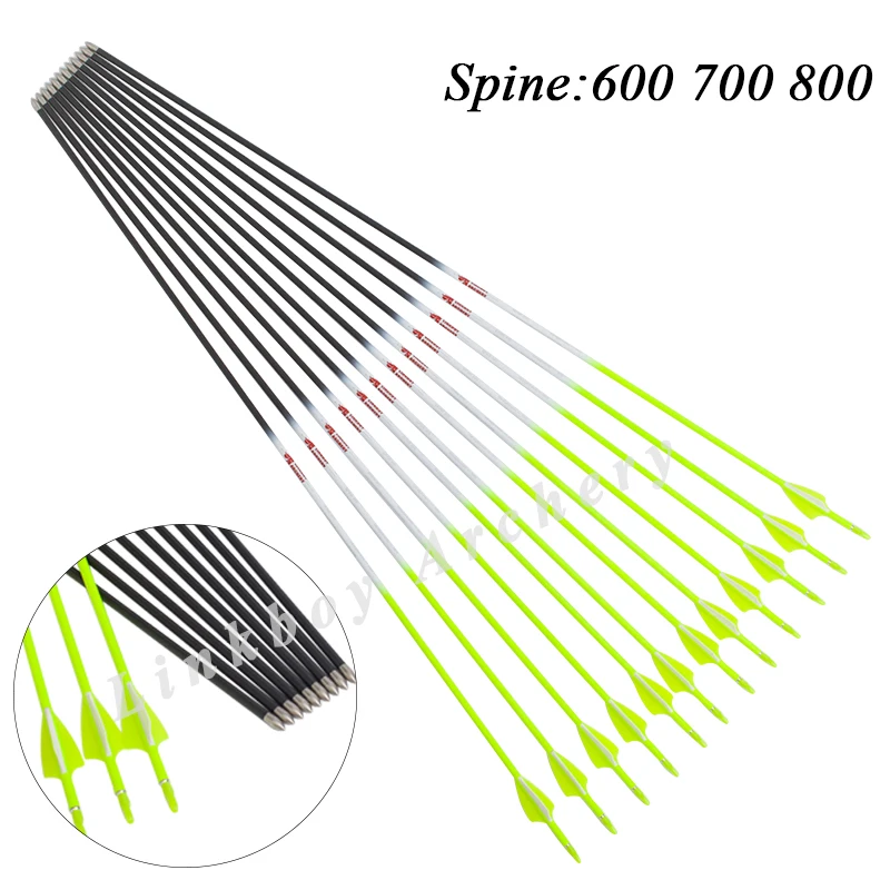 12pcs Archery Arrow 100% Carbon Yellow ID4.2mm Spine600 -900 1.75inch Plastic Vanes 80gr Tips Recurve Bow Hunting Shooting