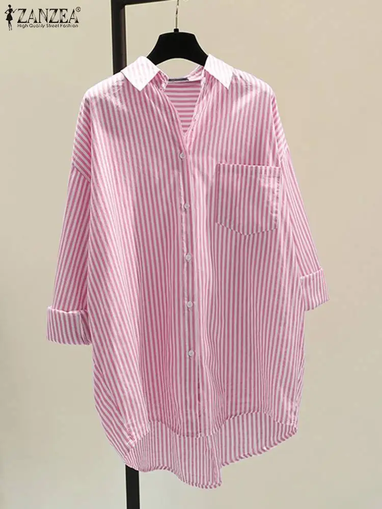 

Женские полосатые Модные топы ZANZEA, блузы с длинным рукавом, свободная уличная одежда, женские рубашки 2023, Повседневная Туника с отложным вор...