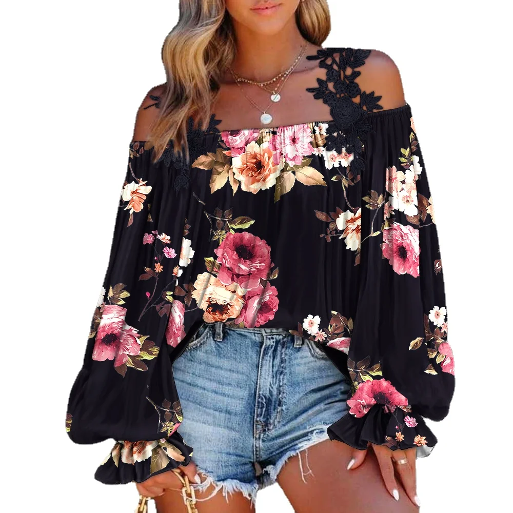 

2022 Spring Autumn New Lounge Womens Clothes Floral Print Lace Patch Cold Shoulder Top Long Sleeve Casual Women Pullover Tops