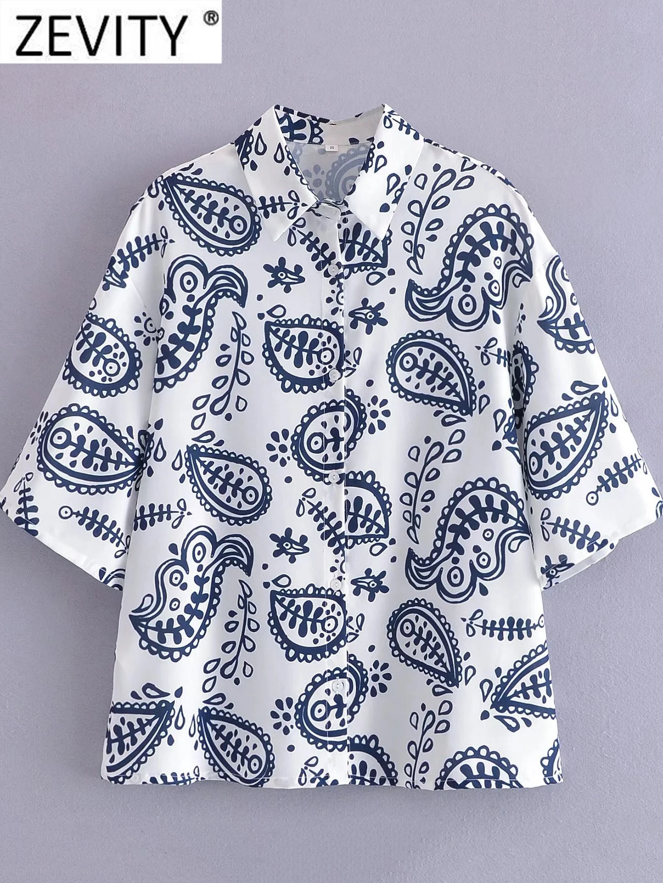 

Zevity Women Vintage Turn Down Collar Paisley Print Shirt Office Lady Half Sleeve Business Kimono Blouse Chic Blusas Tops LS1113