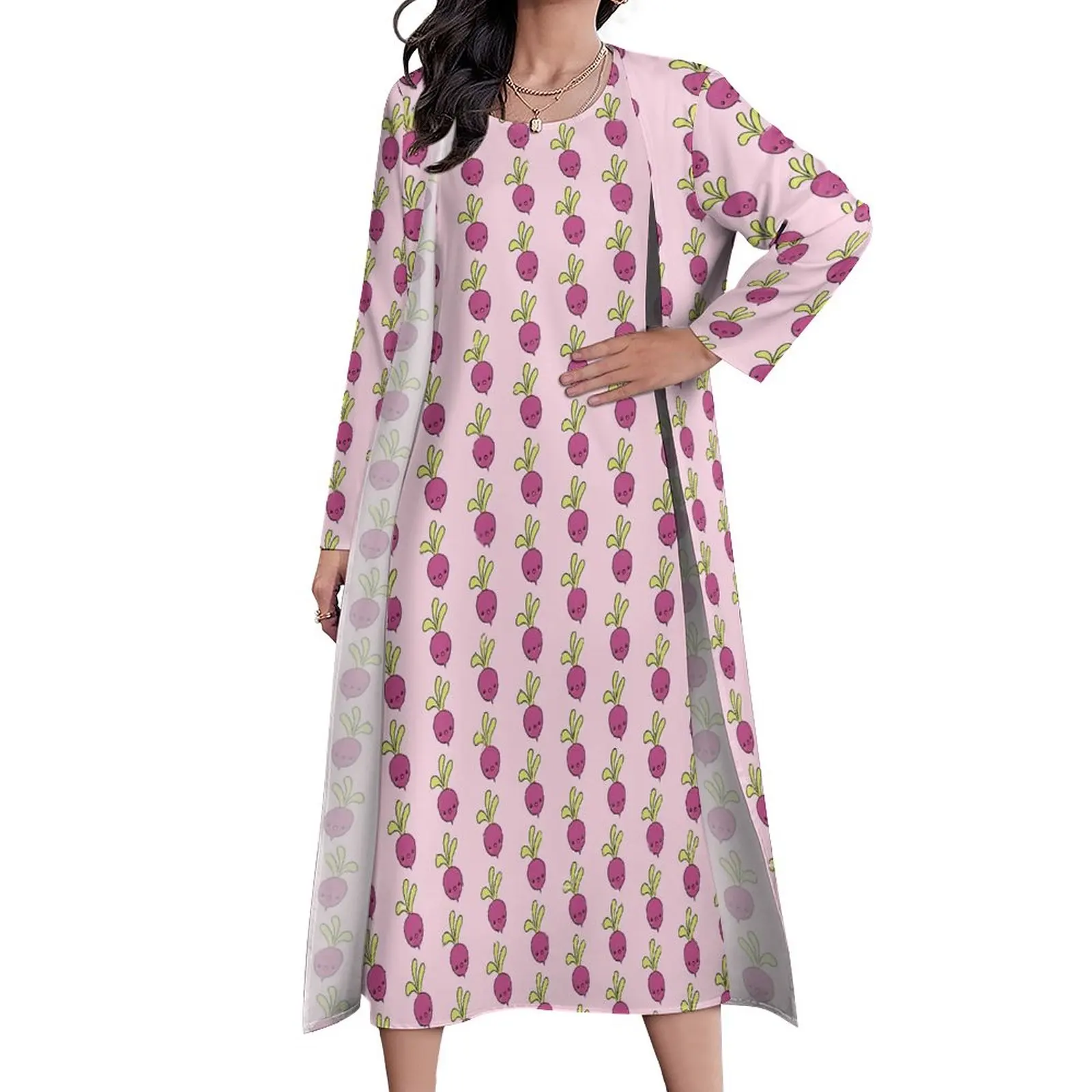 

Kawaii Radishes Dress Vegetable Cute Maxi Dress Streetwear Bohemia Long Dresses Autumn Two Piece Graphic Vestidos Large Size