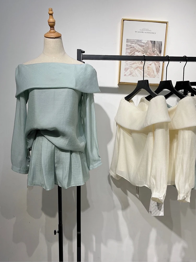 

Женский Повседневный костюм-двойка, элегантная винтажная рубашка с длинным рукавом и вырезом лодочкой + шорты с высокой талией в Корейском ...