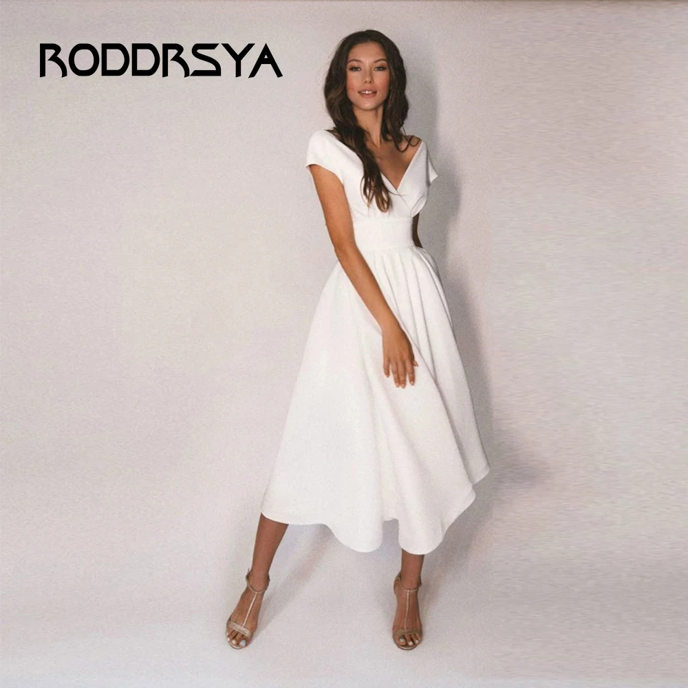

RODDRSYA V-Nevk Short Wedding Dresses White Simple For Women Cap Sleeve Backless Bridal Gowns Cute Robe De Mariée Illusion Stain