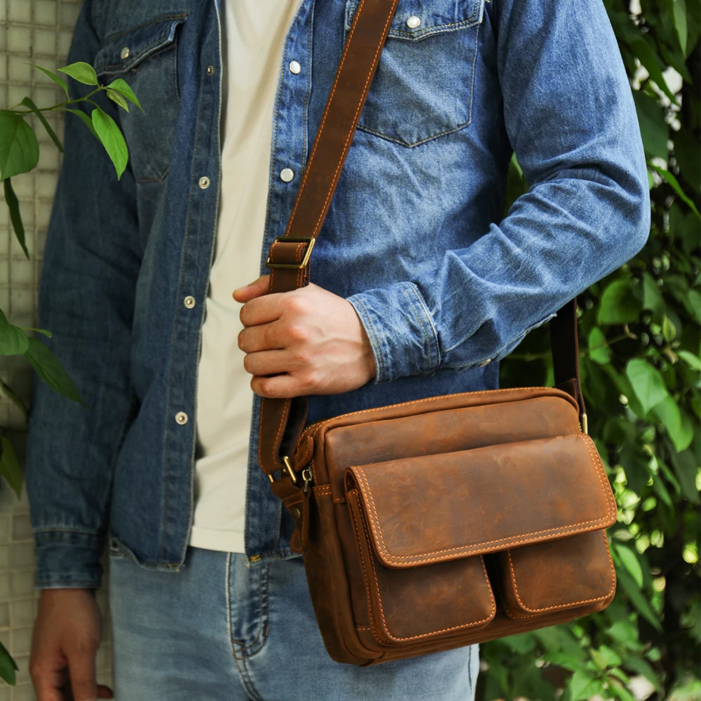 

New Crazy Horse Leather Bag Men Leather Messenger Bag Small Crossbody Shoulder Bag for Men Retro Man Purse Fits 7.9" IPad 6034