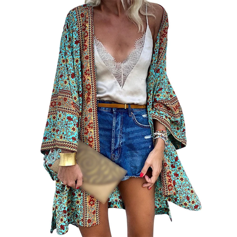 

New Bohemian Style Clothes Women‘s Open Front Kimono Tops Cardigan Beach Holiday Long Sun Coat Jacket Thin Printed Clothing