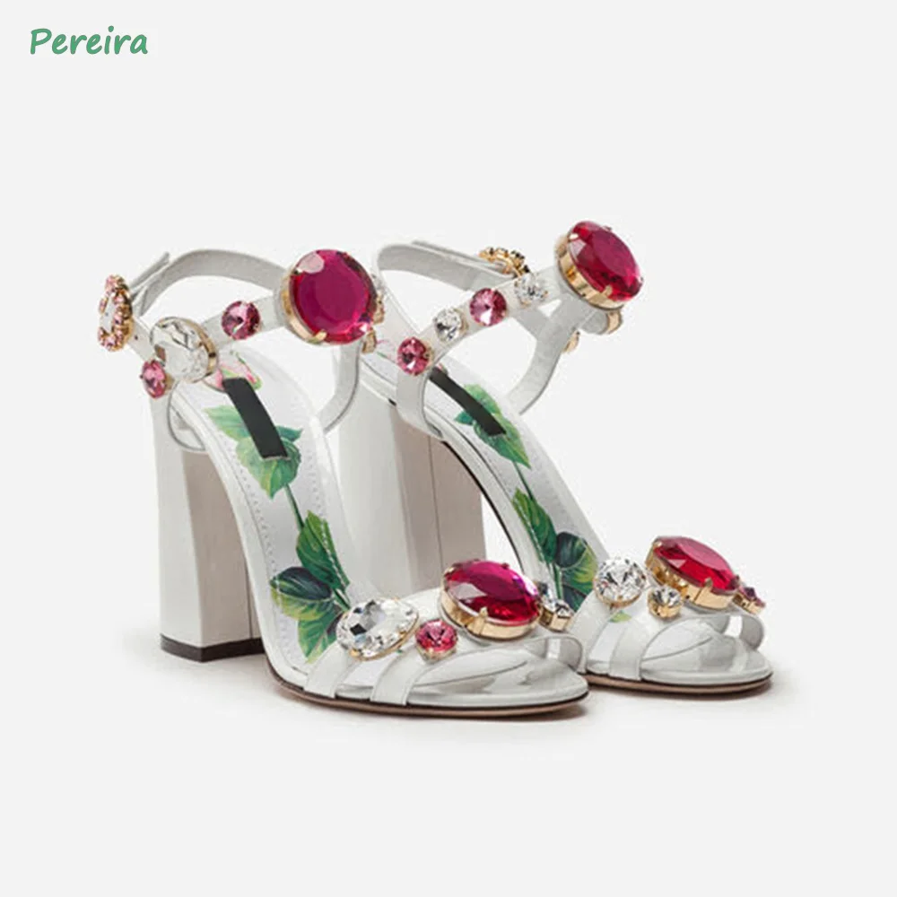 Купи Gemstone Chunky Heel Sandals 2022 Women's Summer New Arrival Round Toe Rhinestones Ankle Buckle Hollow Sexy Party White Shoes за 5,000 рублей в магазине AliExpress