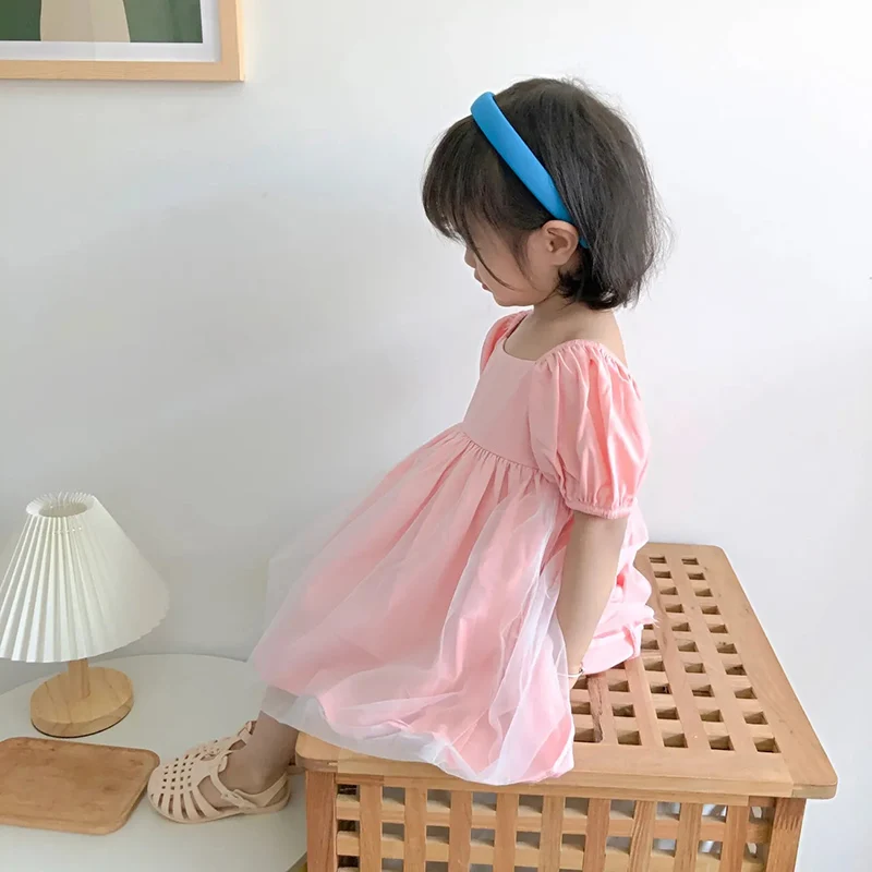 

Kids Clothes New Summer Baby 2022 Girls Short Sleeve Dress Tulle Princess Puff Sleeves Mesh Dress Pink