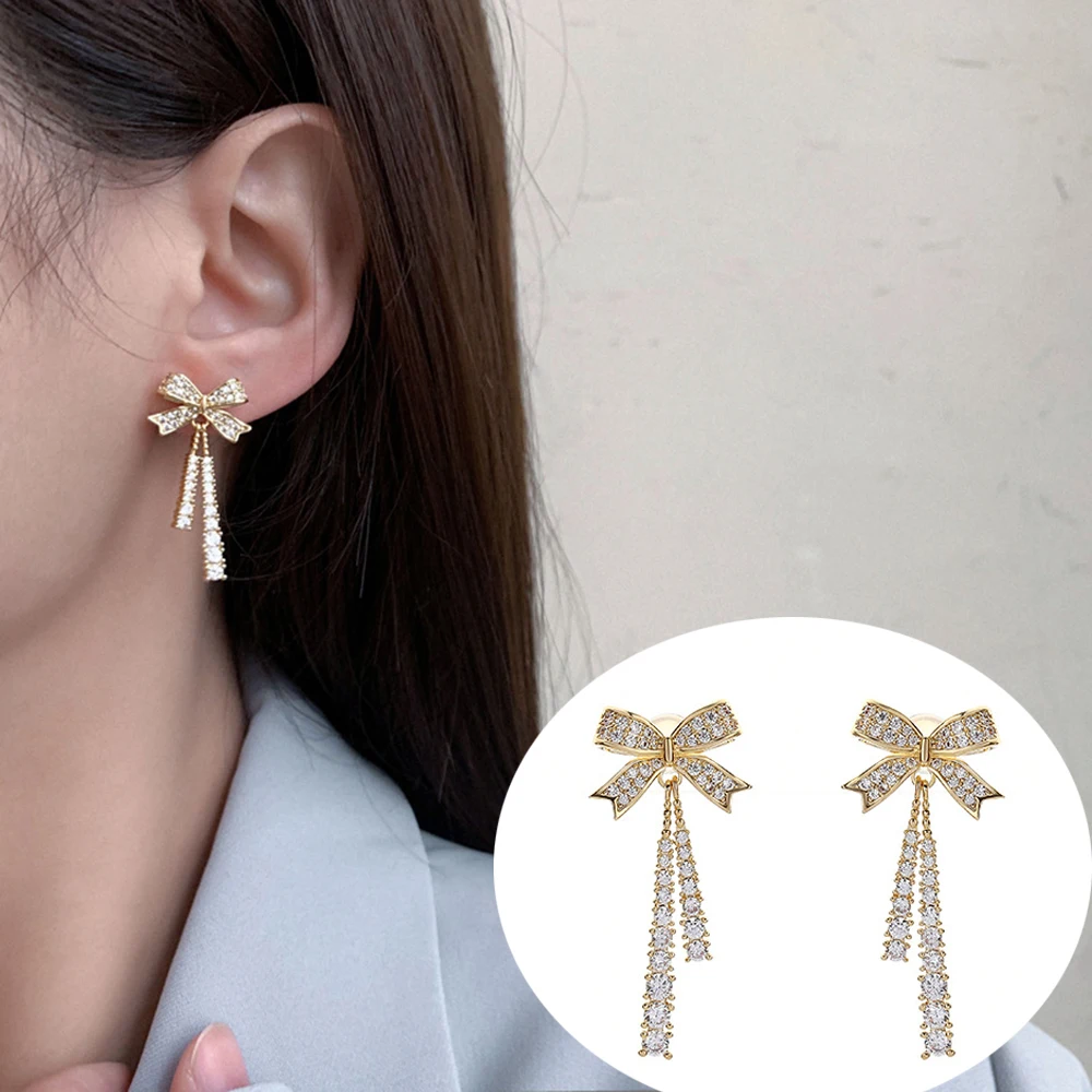 

Fashion Women's Earrings Classic Zircon Bow Dangle Earrings Jewelry for Woman Party Girl's Unusual Luxury Accessories