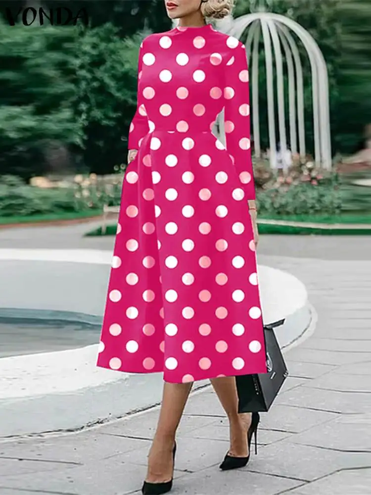 

VONDA Women Party Midi Dress Elegant Dot Point Printed Sundress 2023 Autumn Bohemian Stand Collar Long Sleeve Party Robe