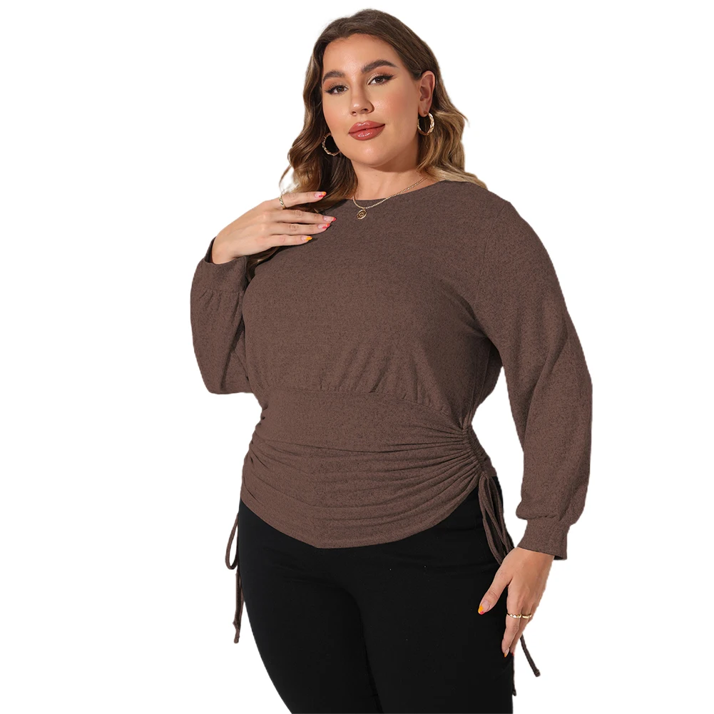 

2022 Brand New Women Plus Size Solid Ruched Drawstring T Shirt Casual Long Sleeve Tee Pullover Comfortable Skin Touch