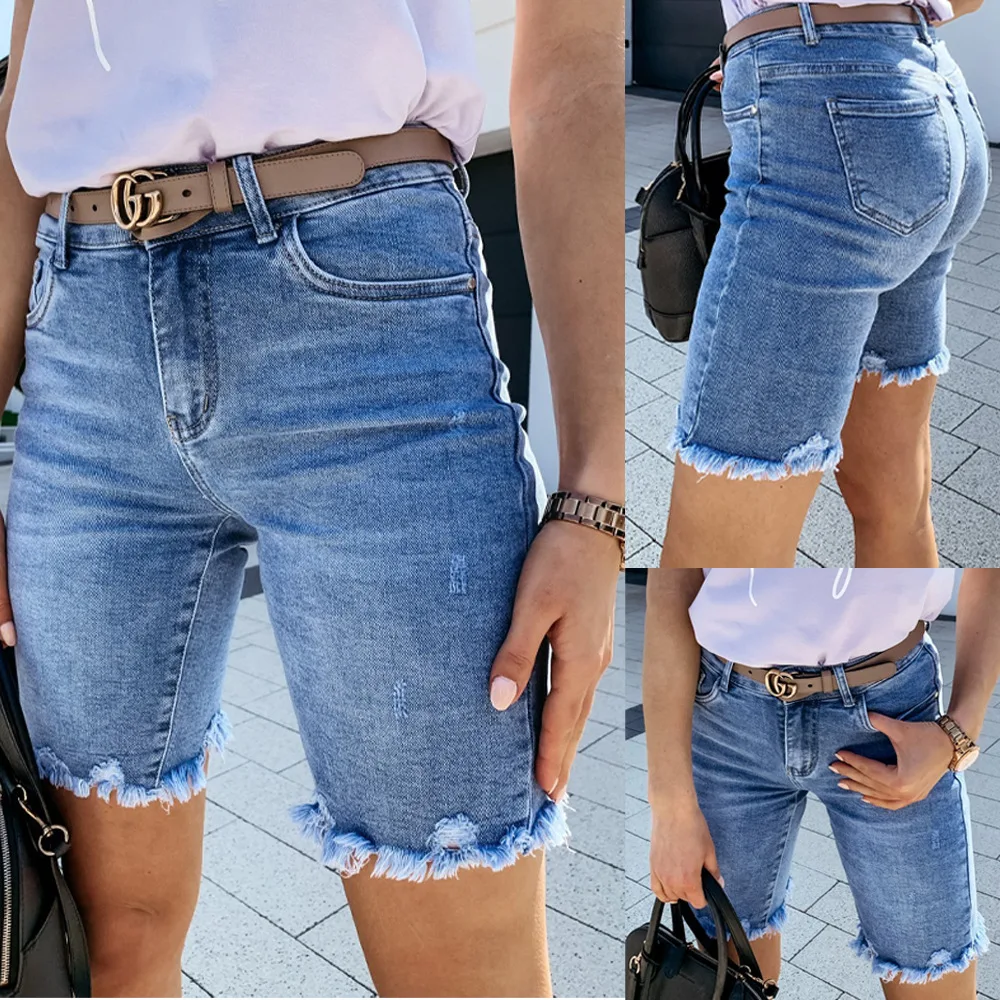Fashion Women  Hole Tassel Knee-Length Jeans High Waist Short Demin Blue Shorts Denim Pant Pantalones De Mesclilla Para Mujer