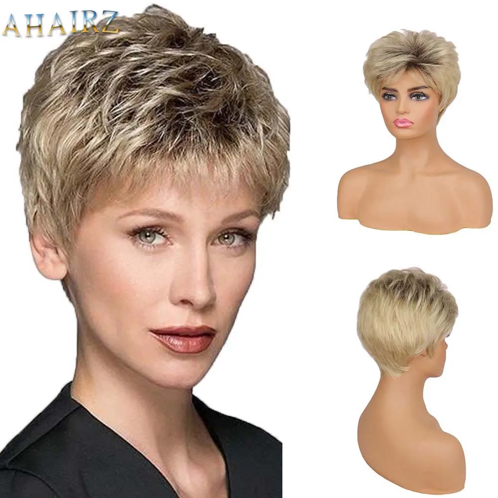 

Short Wig Brown Mix Blonde Curly Synthetic Wigs For Women Full Wigs With Bangs Daily Use Wigs