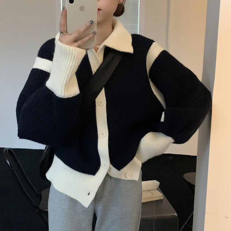 

Cardigan Women Autumn Turn-down Collar Knitted Sweater Womens Long Sleeve Solid Retro Daily Basic Vintage Causal Loose T518