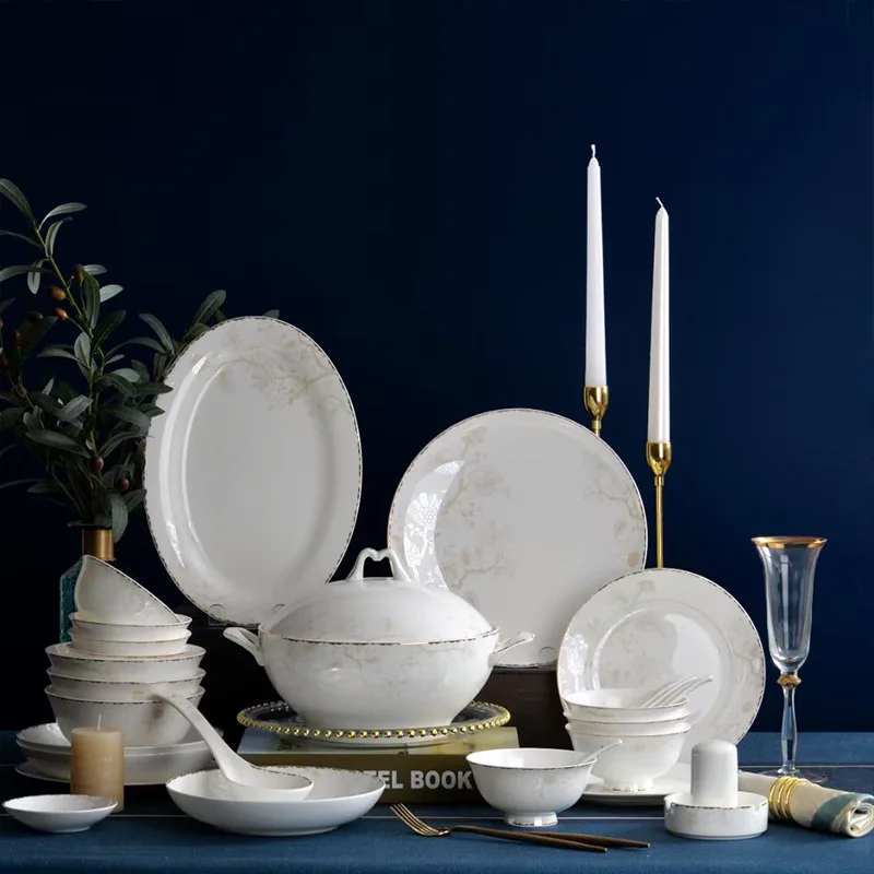

50 pcs /set Bone china Tableware Set Dinner Plate Set Kitchen Ceramic Food Dishes Rice Salad Noodles Bowl Phnom Penh Cutlery Set