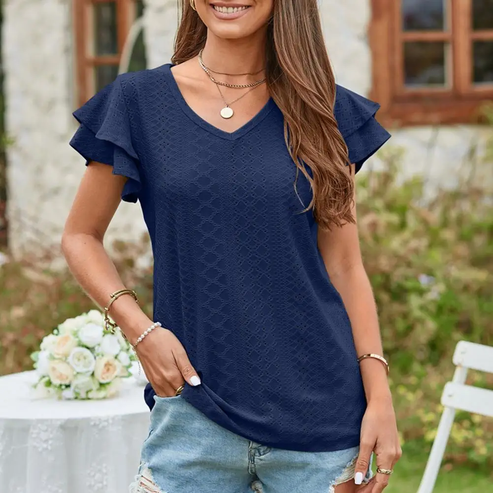 

Женская рубашка с вырезами, топ с двойным рукавом и V-образным вырезом, женский топ свободного кроя, пуловер, удобная летняя футболка с коротким рукавом