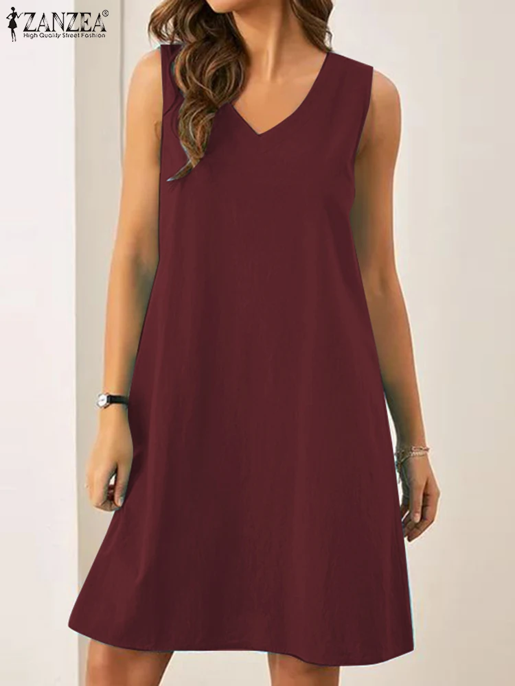 

Модный Однотонный сарафан на бретелях ZANZEA, летнее пляжное мини-платье, женские платья без рукавов с V-образным вырезом, Платье До Колена, платье для работы