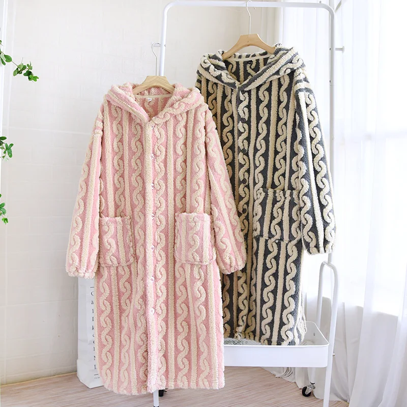

2023 New Winter Thick Warm Flannel Robes For Women Casual Hooded Nightgown Pink Gray Striped Loungewear Female Velvet Home Robe