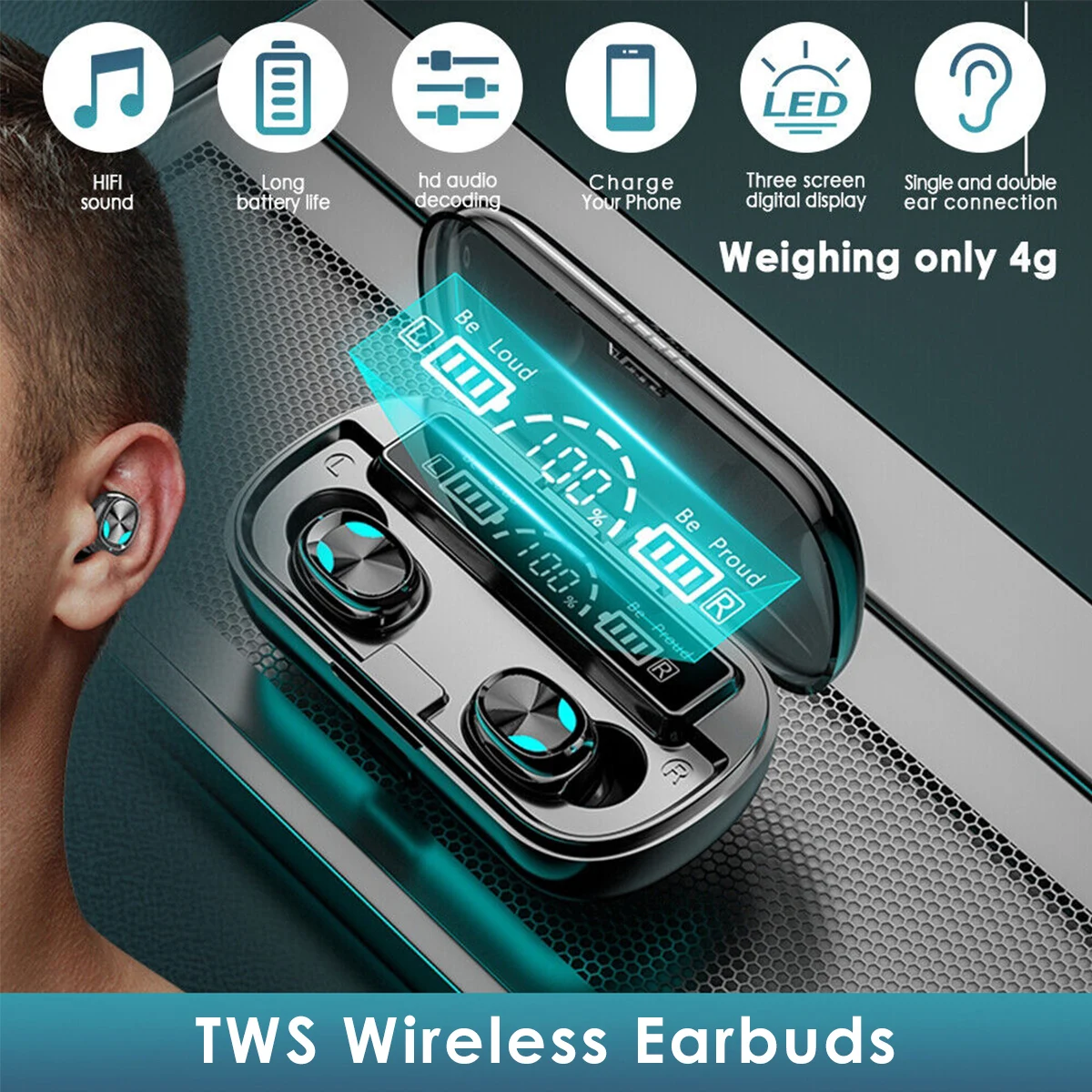 

Беспроводные наушники-вкладыши Bluetooth, наушники со светодиодный ным индикатором мощности, быстрая зарядка через USB, водонепроницаемые наушн...