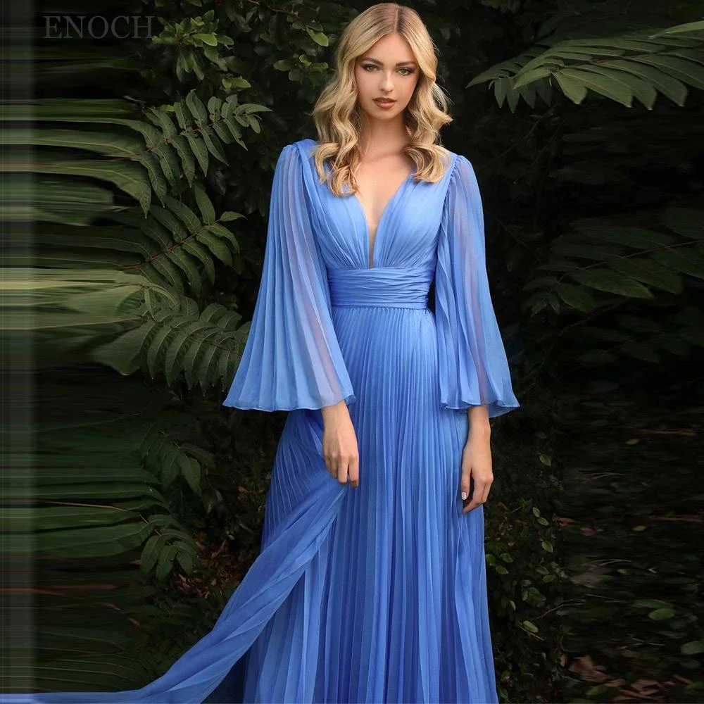 

2023 Simple Blue V-Neck Chiffon Evening Dresses Pleated A-line Loose Long Sleeve Formal Gowns De Gala Customization For Women