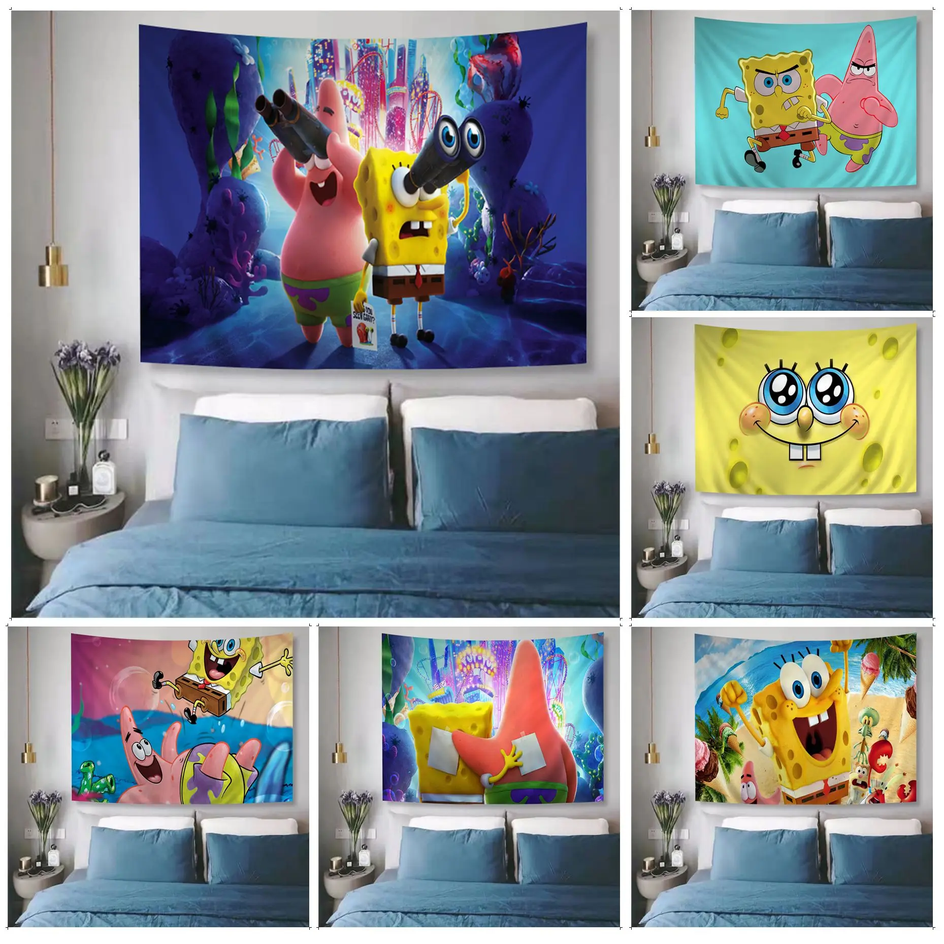 

Cartoon S-SpongeBob Tapestry Tapestry Art Printing Indian Buddha Wall Decoration Witchcraft Bohemian Hippie INS Home Decor