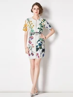 summer fashion designer mini dress womens short sleeve diamond flowers print zipper up sashes gorgeous party short dress