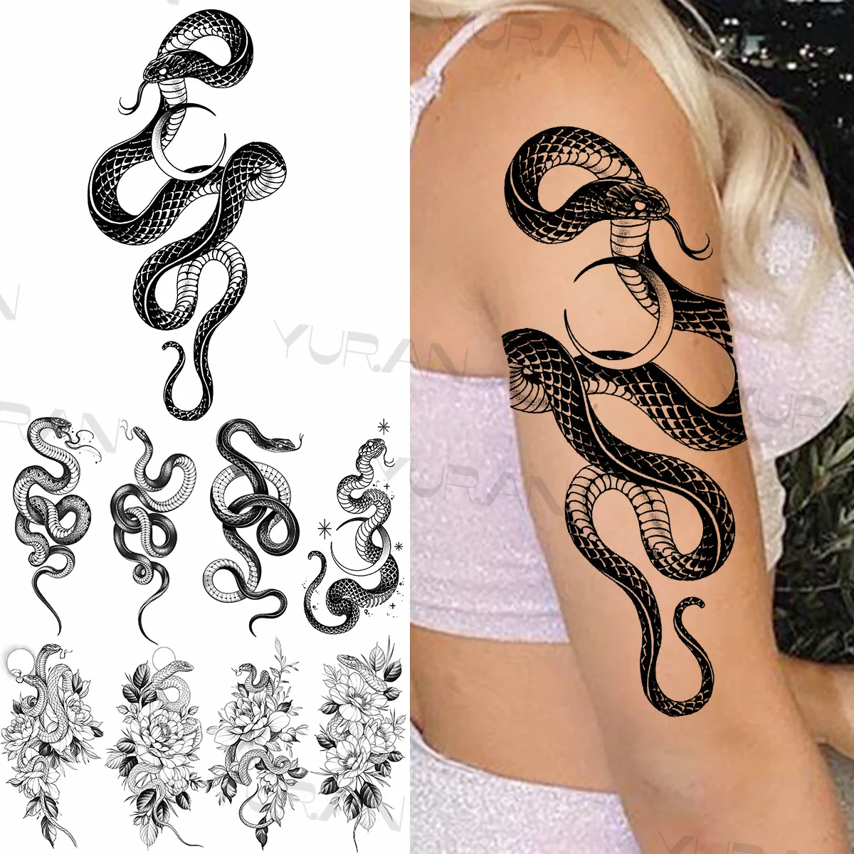 

Black Snake Moon Temporary Tattoos For Women Adults Realistic Serpent Flora Waterproof Fake Tattoo Sticker Arm Body Tatoos 3D