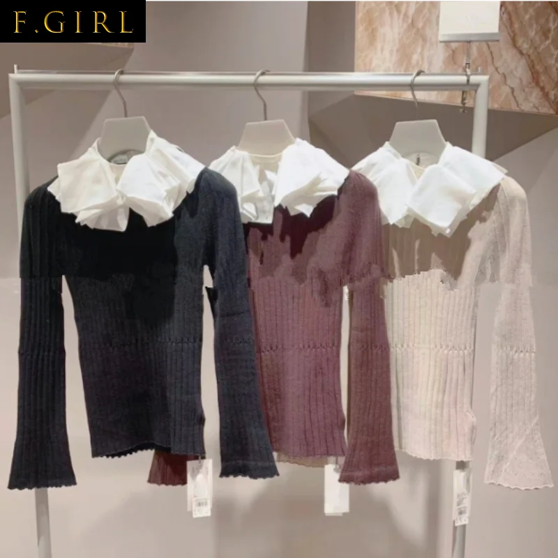 

F GIRLS Japanese Frilled Collar Women Pull Femme 2023 New Autumn Winter Pullovers Detachable Ruffle Collar Patchwork Sweater