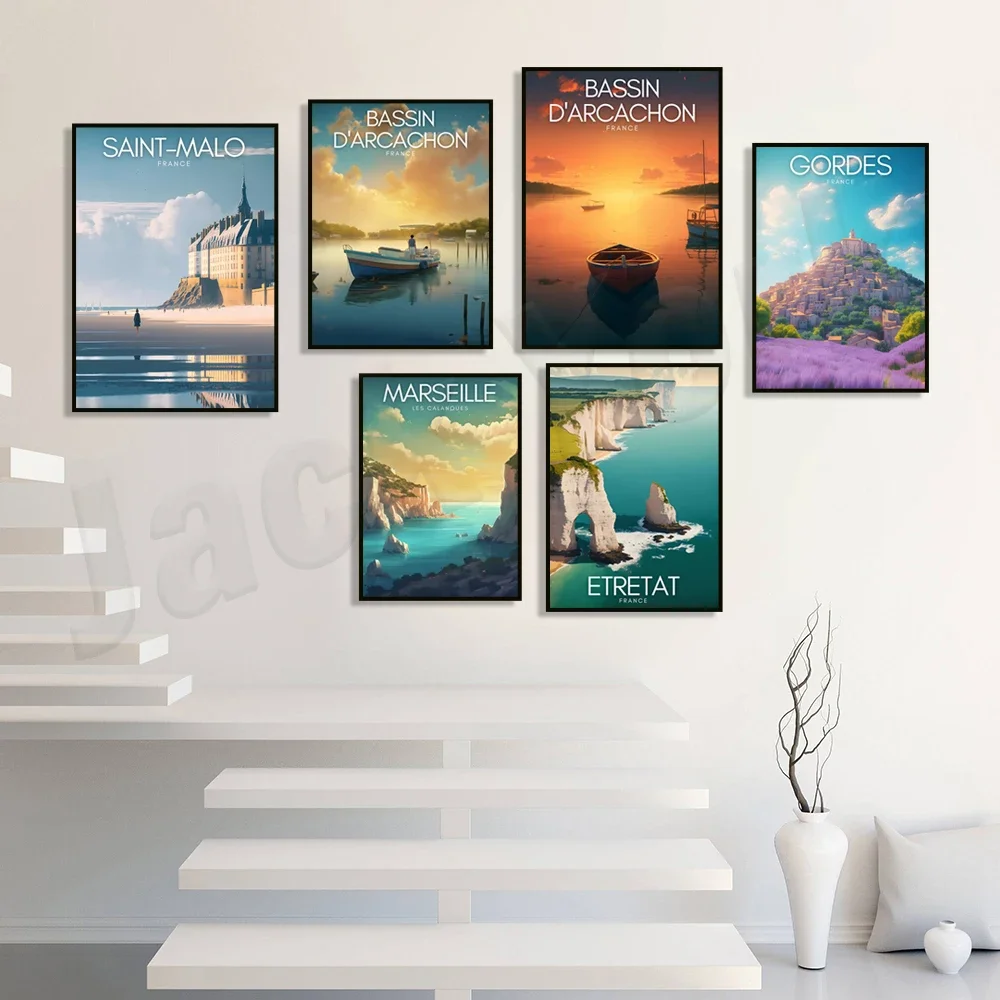 Travel poster of Provence France Lake Geneva Cachon Basin Lacanau Beach Annecy Saint Malo Poster Marseille Channel
