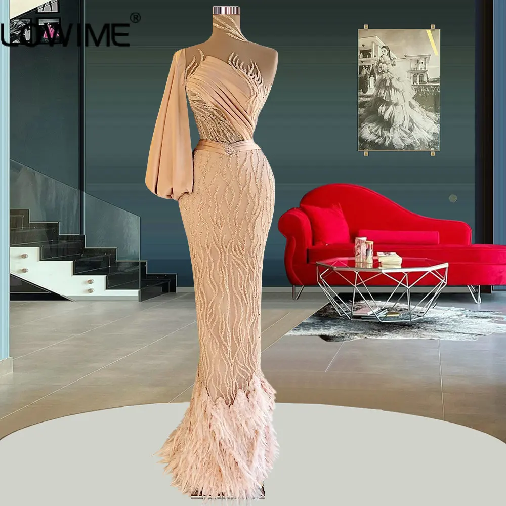 

Sparkly One Shoulder Mermaid Evening Party Dresses Puff Long Sleeves Feathers Sequins Plus Size Women Pageant Prom Gowns