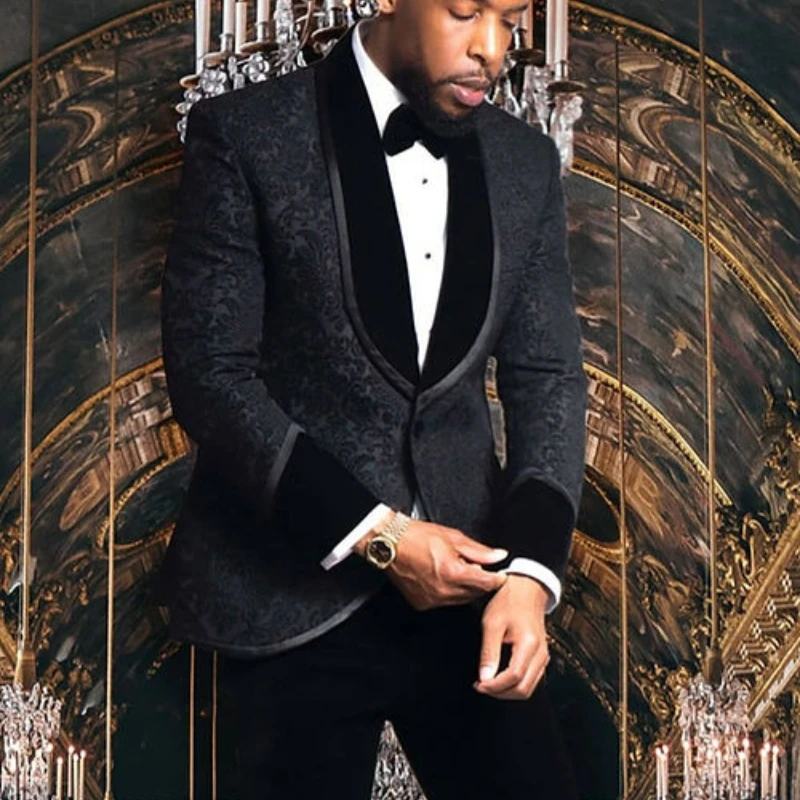 Жаккардовые мужские костюмы для свадьбы жениха смокинг приталенный деловой