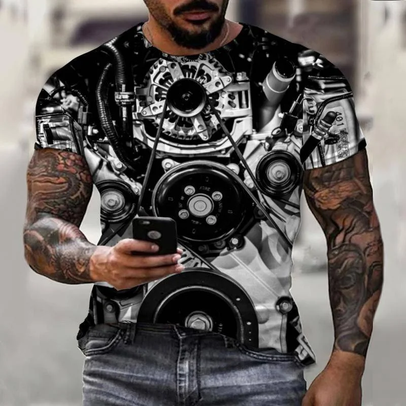 

Car Engine Design 3D Printing Summer Men's T-Shirt New Short Sleeve Plus Size Fashion Casual Hip Hop Fun Harajuku Black Top