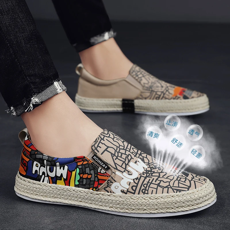 Туфли мужские холщовые лоферы эспадрильи пэчворк без застежки дышащие обувь