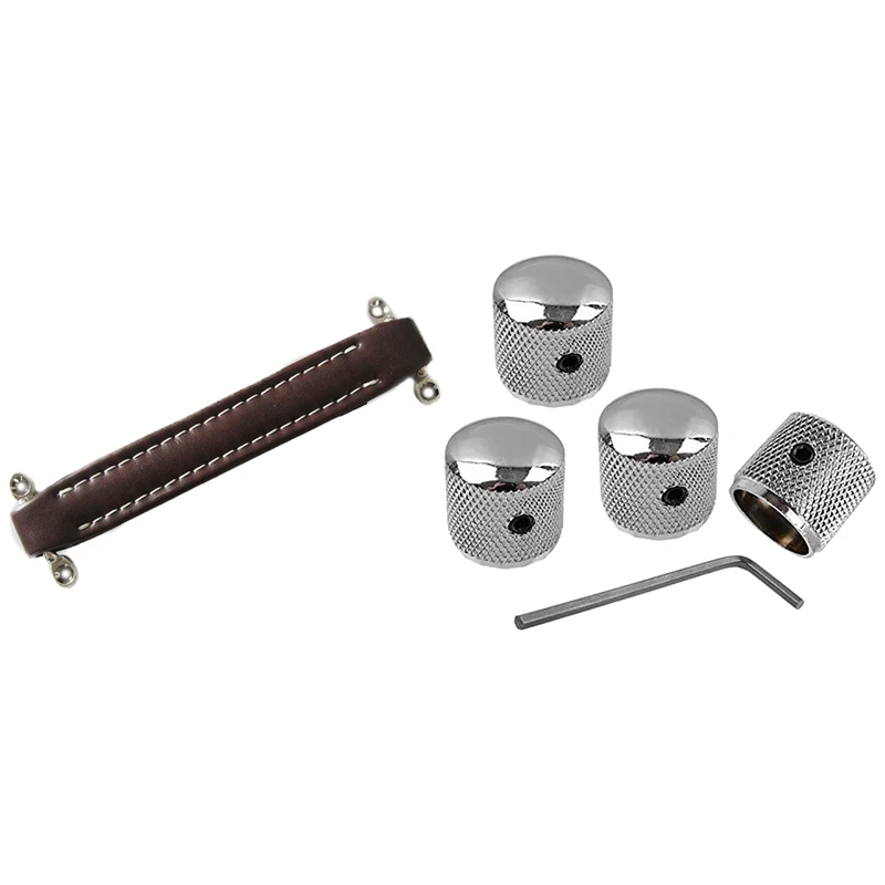

1x Brown Vintage Style Guitar AMP Amplifier Leather Handle & 4Pcs Metal Volume Tone Dome Tone Guitar Speed Control Knobs