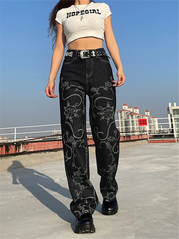 

Fashion Streetwear Print Florals Denim Pants High Waist Cargo Trousers Mom Jeans Vintage Women Baggy Jeans Girl Straight Jeans