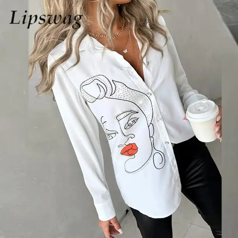 

Fashion Elegant Turn-down Collar Women Shirt Spring New Casual Loose Office Lady Tops Autumn Rhinestone Print Long Sleeve Blouse