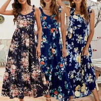 summer dress women sleeveless sexy flower printed mid dresses ladies casual v neck long dresses