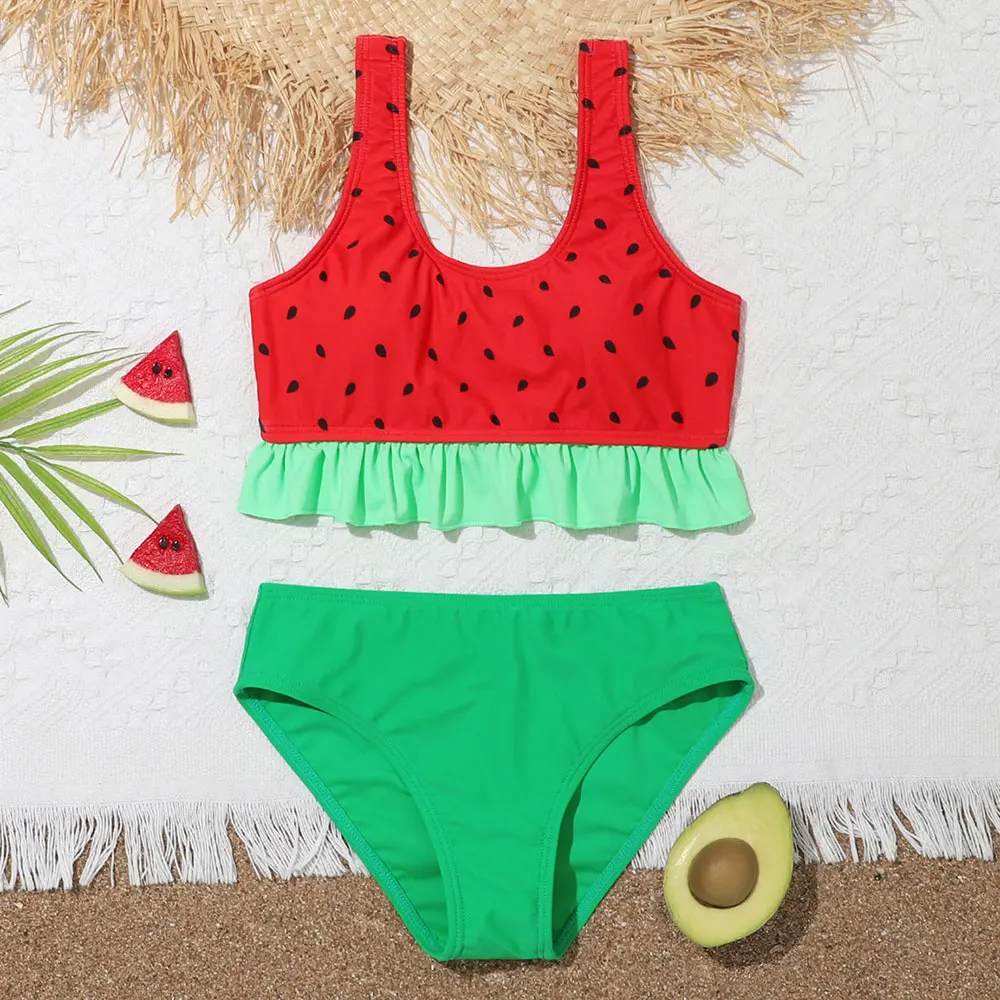 

Girls Watermelon Print Bikini Swimsuit Kids Ruffle Trim Two Piece Children's Swimwear 2-8 Years Toddler Bathing Suits Beachwear